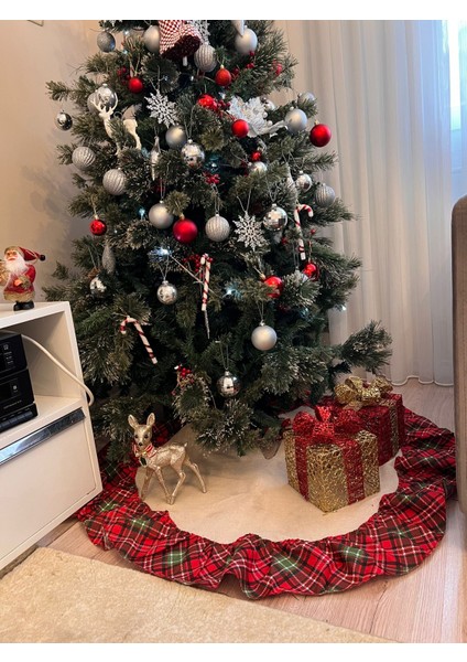 Yılbaşı Çam Ağacı Örtüsü Noel Pamuklu Ekose ve 95 cm