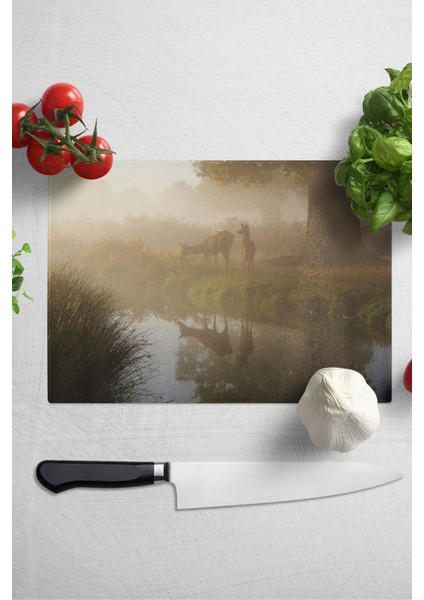 Doğa temalı cam kesme tahtası 21x30cm, şık mutfak dekoru