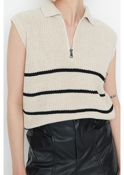 Stil Modern Kadın Regular Standart Kol Polo Yaka Fermuarlı Çizgili Triko Süveter modelleri