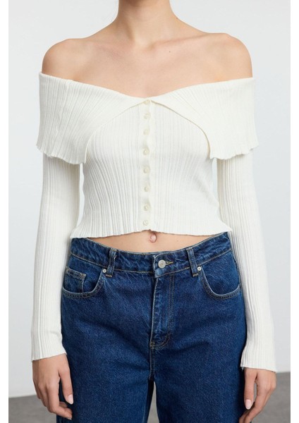 Kadın Crop Standart Kol Carmen Yaka Özel Iplik Triko Hırka modelleri