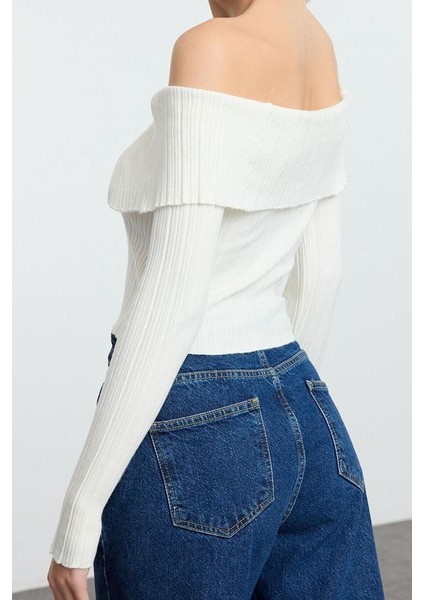 Kadın Crop Standart Kol Carmen Yaka Özel Iplik Triko Hırka fırsatları