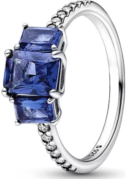 Mavi Üçtaşlı Dikdörtgen Yüzük