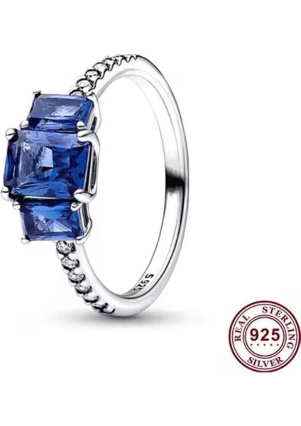 Mavi Üçtaşlı Dikdörtgen Yüzük fiyatları