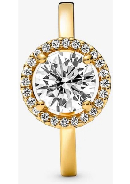 Tarz Işıltılı Yuvarlak Haleli Tektaş Yüzük