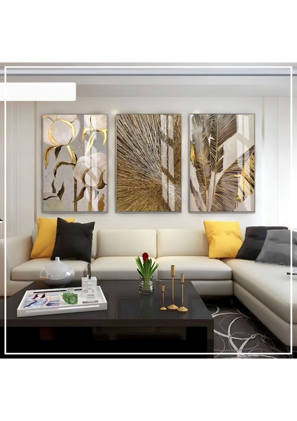 Gri Gold Soft Renk Soyut Yaprak Çiçek Seti Çerçeveli Cam Tablo 3'lü