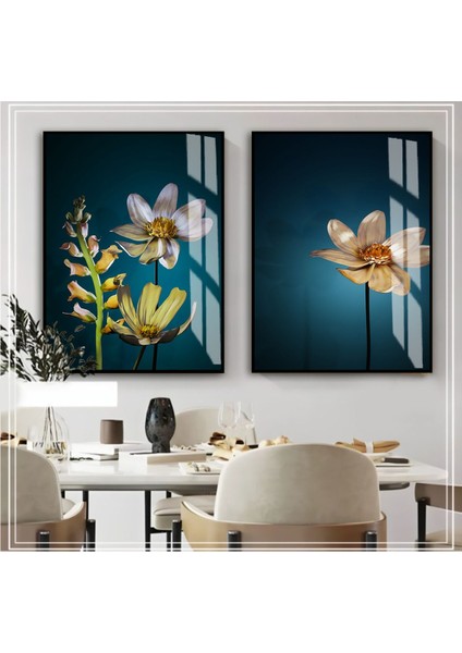 Mavi Sıcak Tonlar Çiçek Kombini Çerçeveli Cam Tablo 2'li