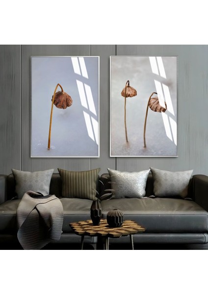 Kahverengi Gri Bitki Kombini Çerçeveli Cam Tablo 2'li