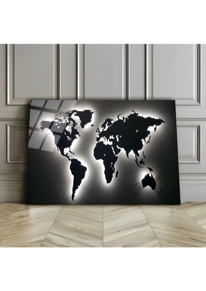 Kırılmaz Cam (Temperli) Siyah-Beyaz Dünya Haritası Tablosu 01