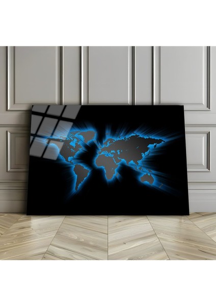 Kırılmaz Cam (Temperli) Mavi Dünya Haritası Tablosu 01