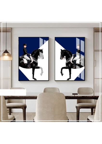 Saks Mavisi Beyaz Renk Siyah Beyaz Kadın Jokey Kombin Çerçeveli Cam Tablo 2'li