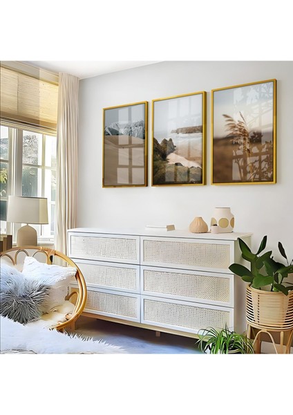 Kahverengi Bej Manzara Kombini Çerçeveli Cam Tablo 3'lü