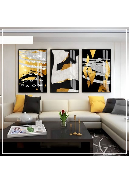 Gri Siyah Gold Soft Renk Soyut Seti Çerçeveli Cam Tablo 3'lü