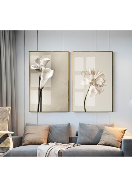 Krem Çiçek Kombini Çerçeveli Cam Tablo 2'li