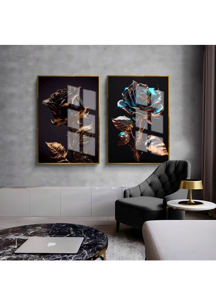 Siyah Gold Gül Kombini Çerçeveli Cam Tablo 2'li