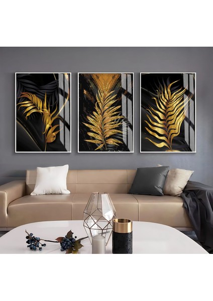 Siyah Gold Renk Soyut Çiçek Ve Püskül Kombin Çerçeveli Cam Tablo 3'lü