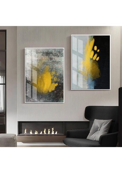 Gold Gri Siyah Desenli Soyut Kombini Çerçeveli Cam Tablo 2'li