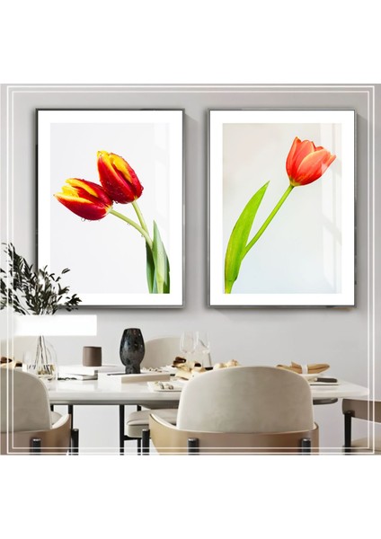 Yeşil Kırmızı Soft Lale Kombini Çerçeveli Cam Tablo 2'li