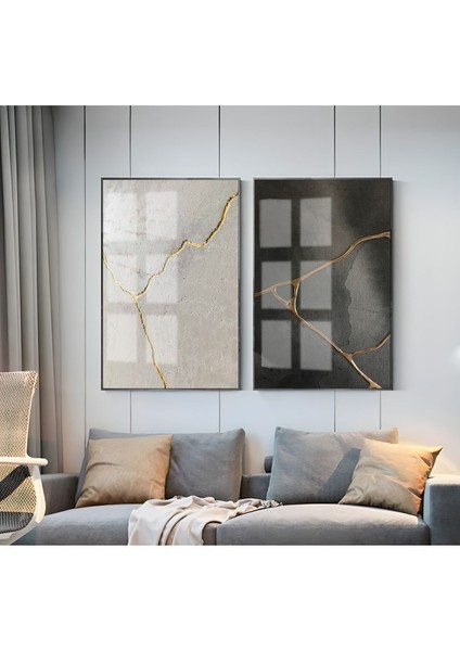 Gri Siyah Gold Japan Kıntsugı Kombini Çerçeveli Cam Tablo 2'li