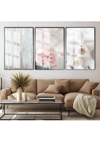 Beyaz Pembe Gül Kombini Çerçeveli Cam Tablo 3'lü