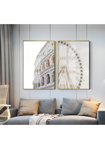 Dönme Dolap Ve Antik Yapı Kombini Çerçeveli Cam Tablo 2'li