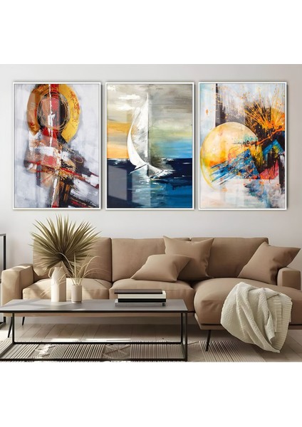Sarı Mavi Yelkenli Soyut Kombin Çerçeveli Cam Tablo 3'lü
