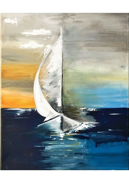 Sarı Mavi Yelkenli Soyut Kombin Çerçeveli Cam Tablo 3'lü modelleri