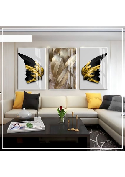Beyaz Siyah Gold Soft Kanat Tüy Seti Çerçeveli Cam Tablo 3'lü