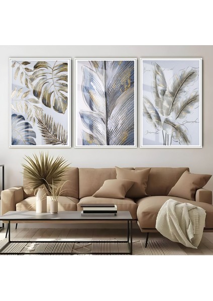 Tropik Yapraklar Kombin Çerçeveli Cam Tablo 3'lü