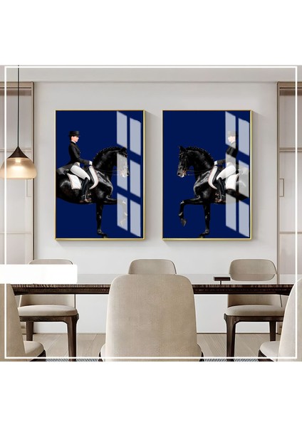 Saks Mavisi Siyah Beyaz Kadın Jokey Kombin Çerçeveli Cam Tablo 2'li