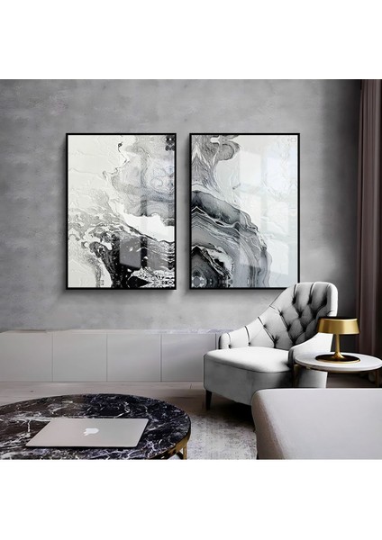 Siyah Beyaz Dalga Soyut Kombini Çerçeveli Cam Tablo 2'li