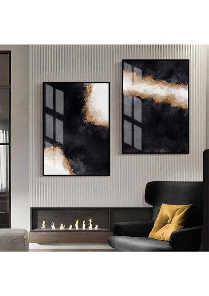 Beyaz Siyah Gold Desenli Soyut Kombini Çerçeveli Cam Tablo 2'li
