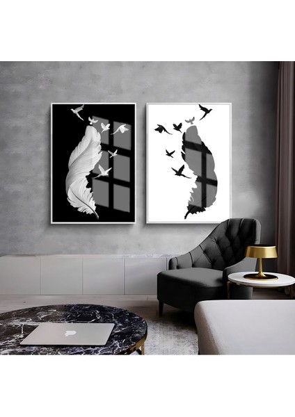 Beyaz Siyah Tüy Kombini Çerçeveli Cam Tablo 2'li