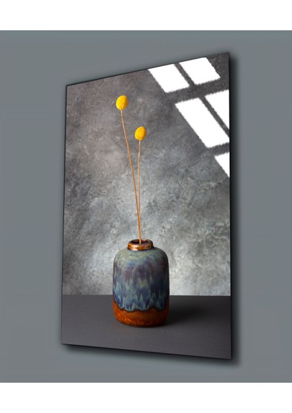 Kırılmaz Cam (Temperli) Gri-Sarı Vazoda Çiçek Tablosu 01