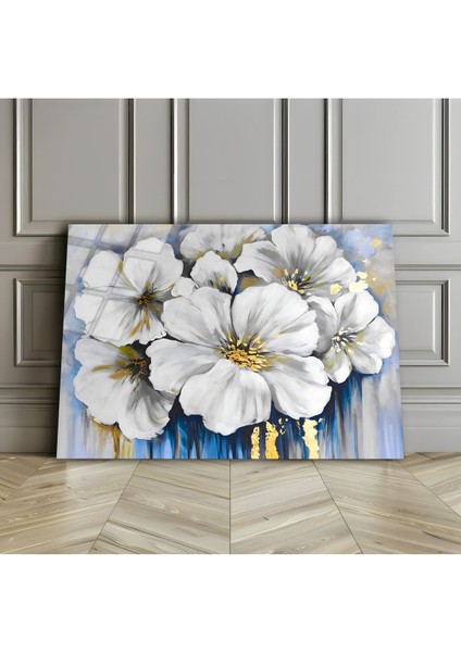 Kırılmaz Cam (Temperli) Mavi-Beyaz Çiçek Tablosu 01