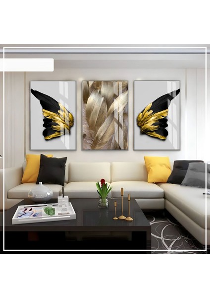 Beyaz Siyah Gold Soft Kanat Tüy Seti Çerçeveli Cam Tablo 3'lü