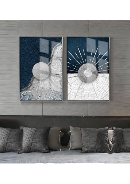 Lacivert Gümüş Sevilen Soyut Kombin 4 Çerçeveli Cam Tablo 2'li