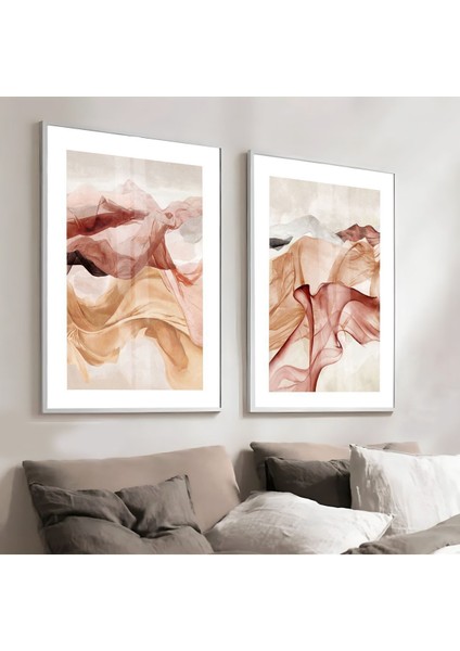 Bej Krem Turuncu Renk Soyut Kombini Çerçeveli Cam Tablo 2'li