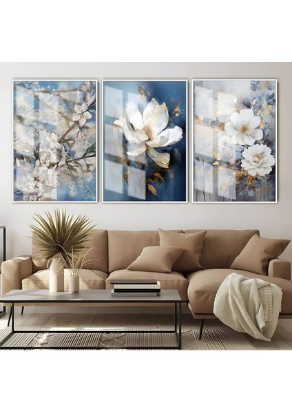Mavi Beyaz Çiçek Kombini Çerçeveli Cam Tablo 3'lü