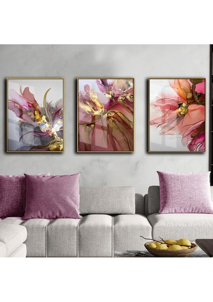 Pudra Pembe Ve Mor Soyut Şekil Kombini Çerçeveli Cam Tablo 3'lü