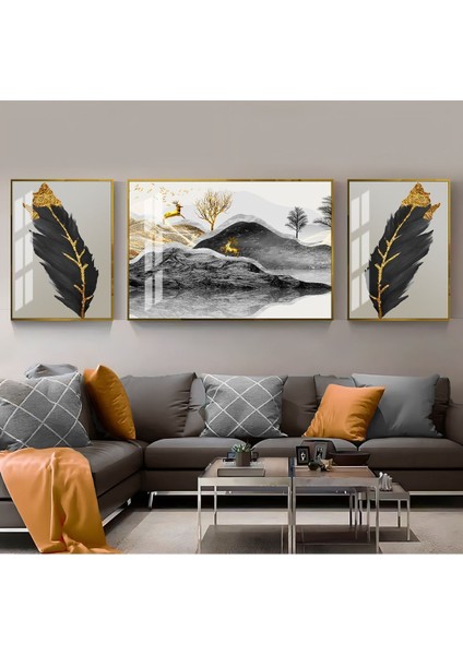 Gold Siyah Geyik Kombini Çerçeveli Temperli Cam Tablo 3'lü