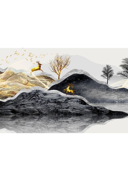 Gold Siyah Geyik Kombini Çerçeveli Temperli Cam Tablo 3'lü modelleri