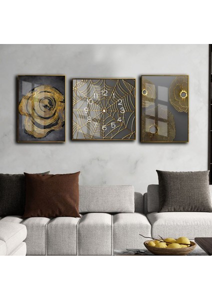 Gold Siyah Soyut Saat Kombini Modeli Çerçeveli Saatli Cam Tablo