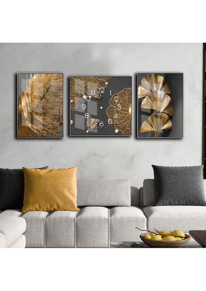 Gold Siyah Çiçekli Saat Kombini Modeli Çerçeveli Saatli Cam Tablo