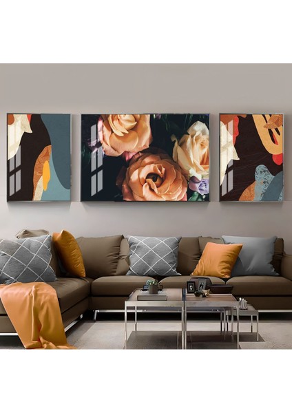 Turuncu Mavi Siyahsoyut Abstract Gül Kombini Çerçeveli Temperli Cam Tablo 3'lü