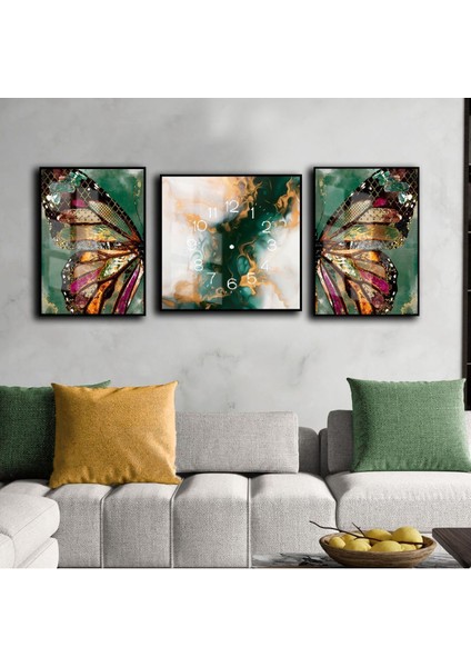 Yeşil Gold Abstract Desenli Kelebek Kombini Çerçeveli Saatli Cam Tablo