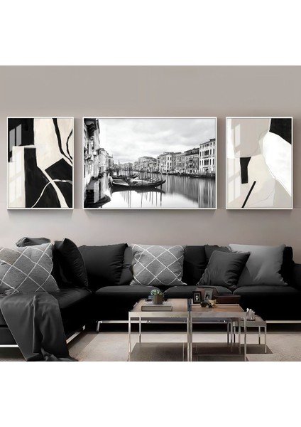 Siyah Beyaz Ikea Soyut Abstract Kombini Çerçeveli Temperli Cam Tablo 3'lü