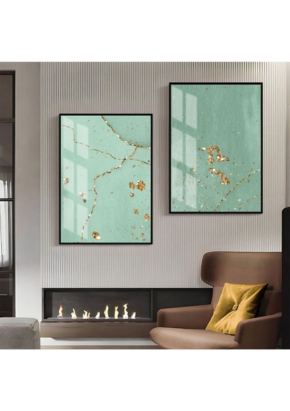 Su Yeşili Gold Desenli Soyut Kombini Çerçeveli Cam Tablo 2'li