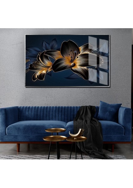 Lacivert Gold Soyut Çiçek Art Çerçeveli Temperli Cam Tablo Tekli