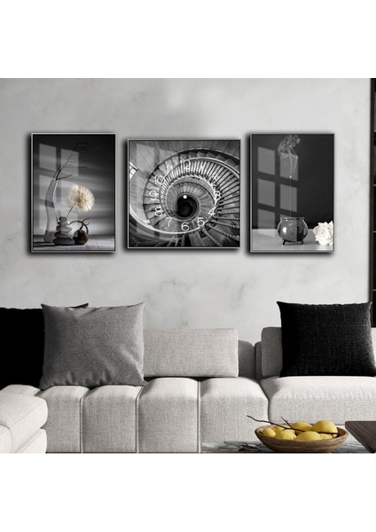 Siyah Beyaz Spiral Modelli Dekor Kombini Çerçeveli Saatli Cam Tablo