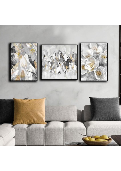 Gold Siyah Gri Soyut Desen Çiçek Kombini Çerçeveli Saatli Cam Tablo